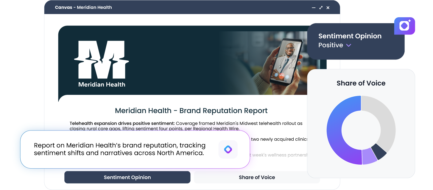 Agility Agent AI chat interface building a Meridian Health brand reputation report, showing sentiment opinion and share of voice results.